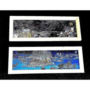 Christmas White Night Scene Miniature Painting Set/2 Signed Framed Children Play